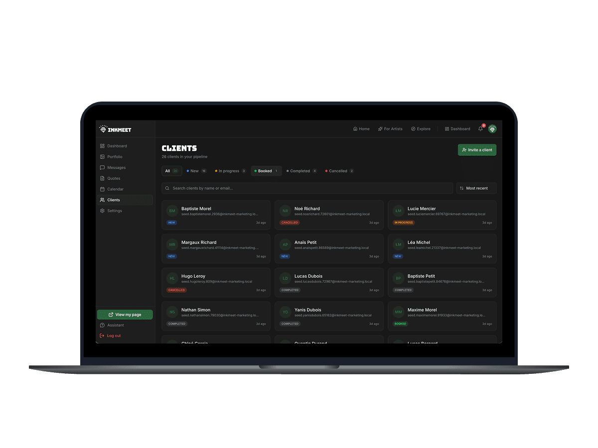 Interface InkMeet — CRM tatoueur avec fiches clients, statuts de projet et suivi des paiements