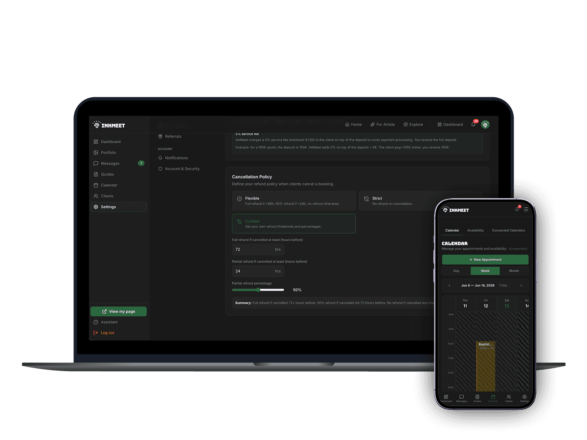 InkMeet booking calendar: availability, appointment scheduling and automatic reminders for tattoo artists