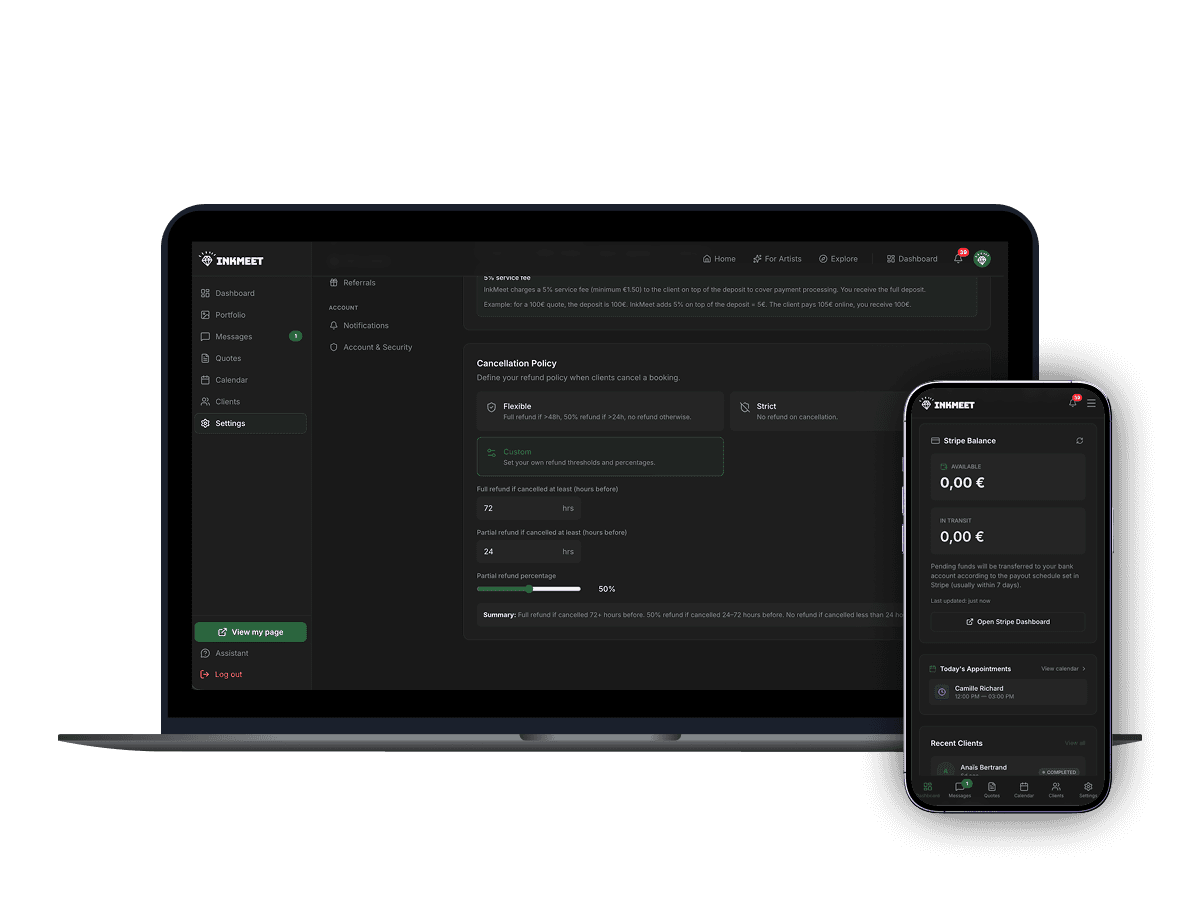 Stripe deposits and payments on InkMeet: cancellation policy and the tattoo artist's payout balance