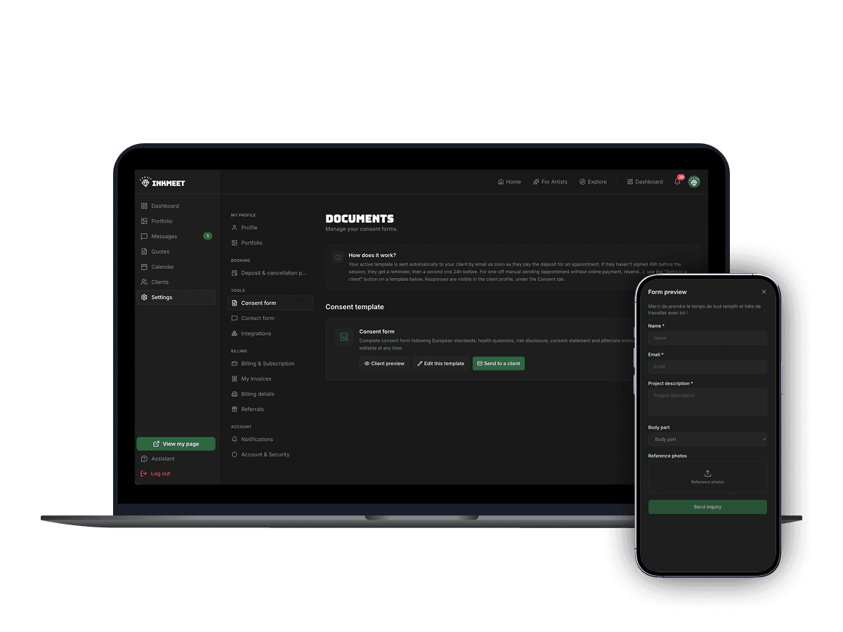Consent forms and documents on InkMeet: a signable consent template stored for tattoo artists
