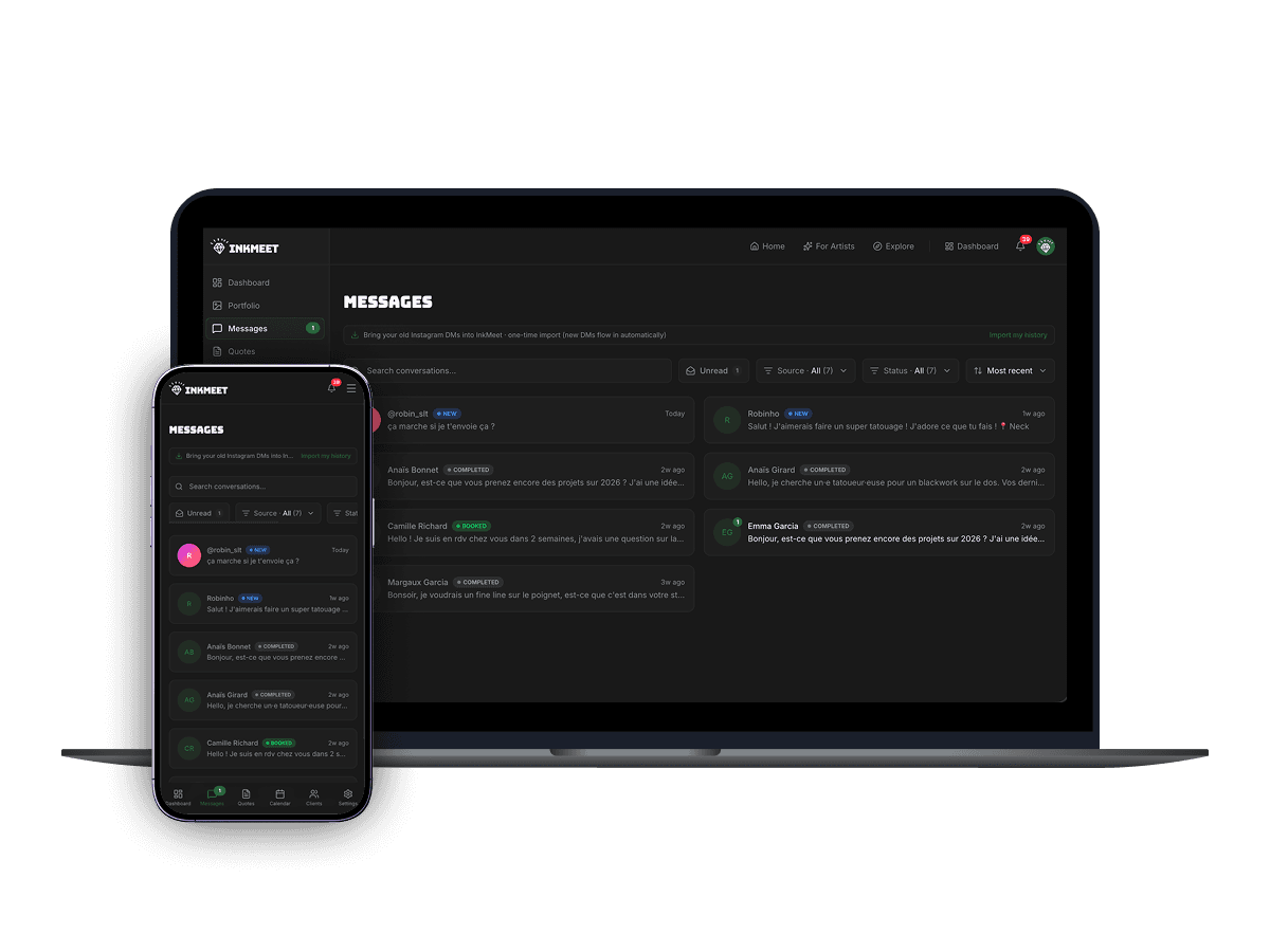 InkMeet client messaging: all of a tattoo artist's conversations in one inbox, on desktop and mobile