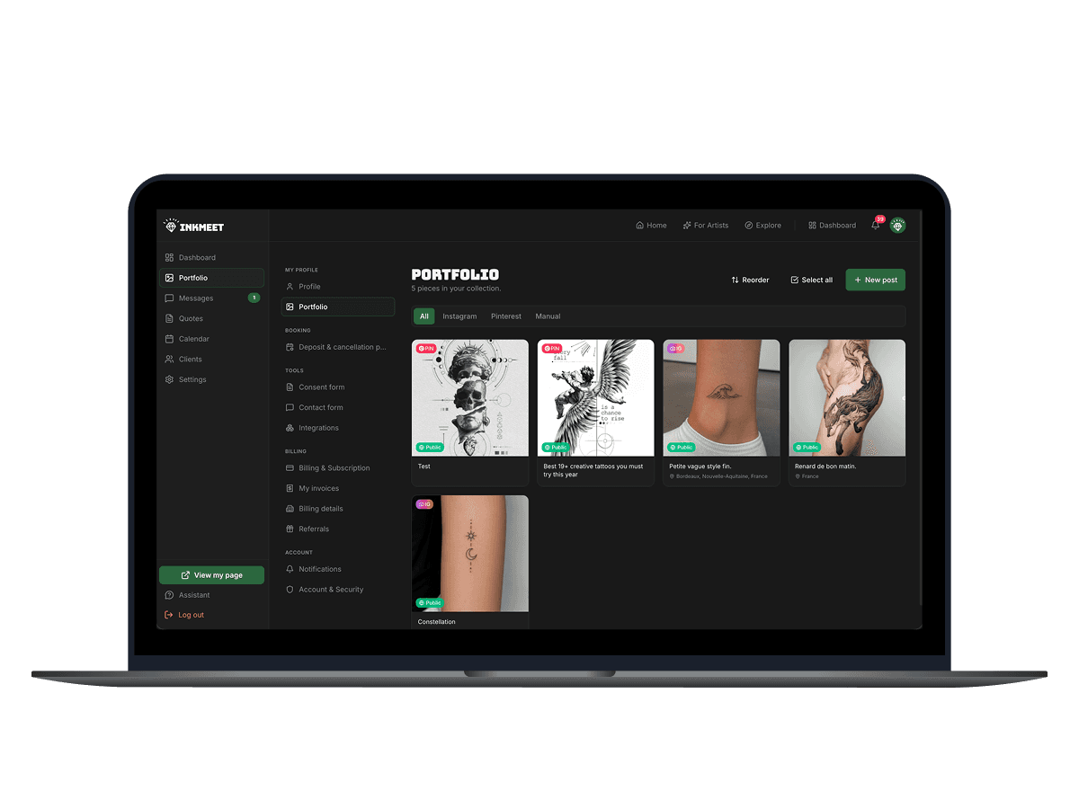 Tattoo artist portfolio on InkMeet: artwork gallery organized by style, synced with Instagram and Pinterest