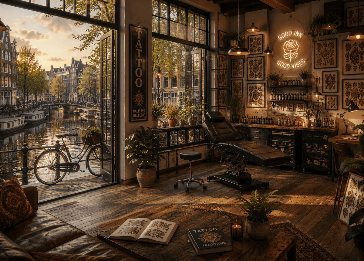 Rue d'Amsterdam avec un studio de tatouage — plateforme InkMeet