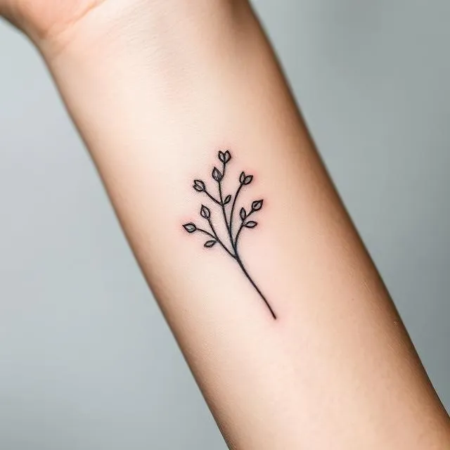 Delicate botanical branch, fine linework with small leaves.