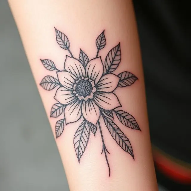 Detailed mandala-style flower with layered petals and fine botanical leaves, ornamental fine line work.