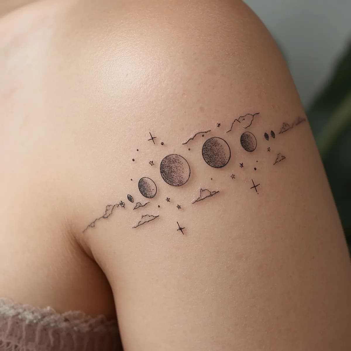 Moon phases illustration with celestial elements, stars and clouds in fine linework.