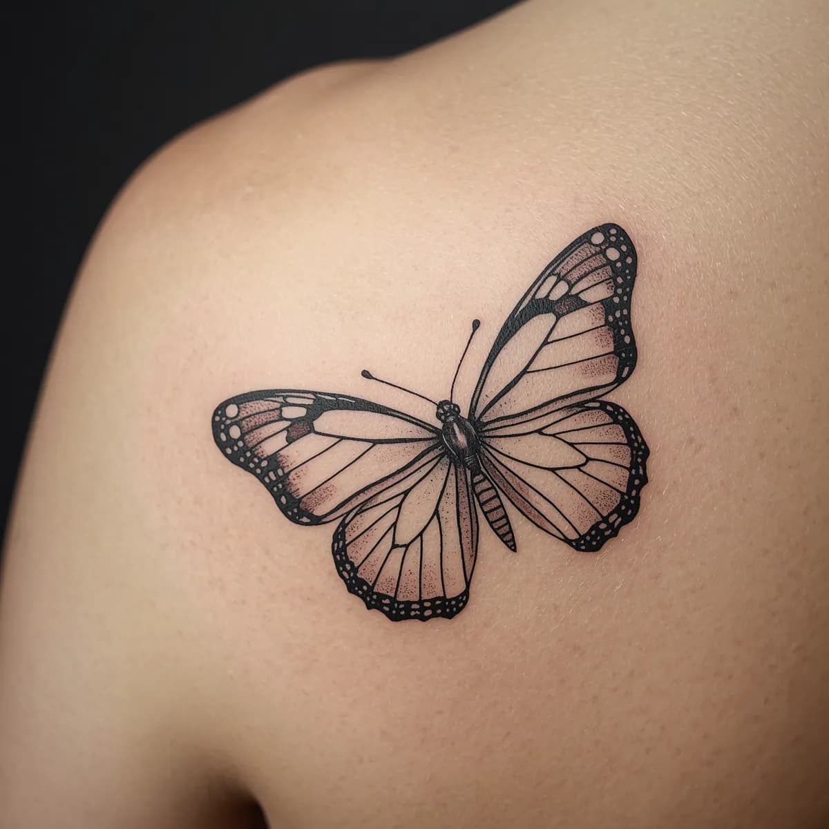 Detailed monarch butterfly with precise wing veining and fine dotwork shading.