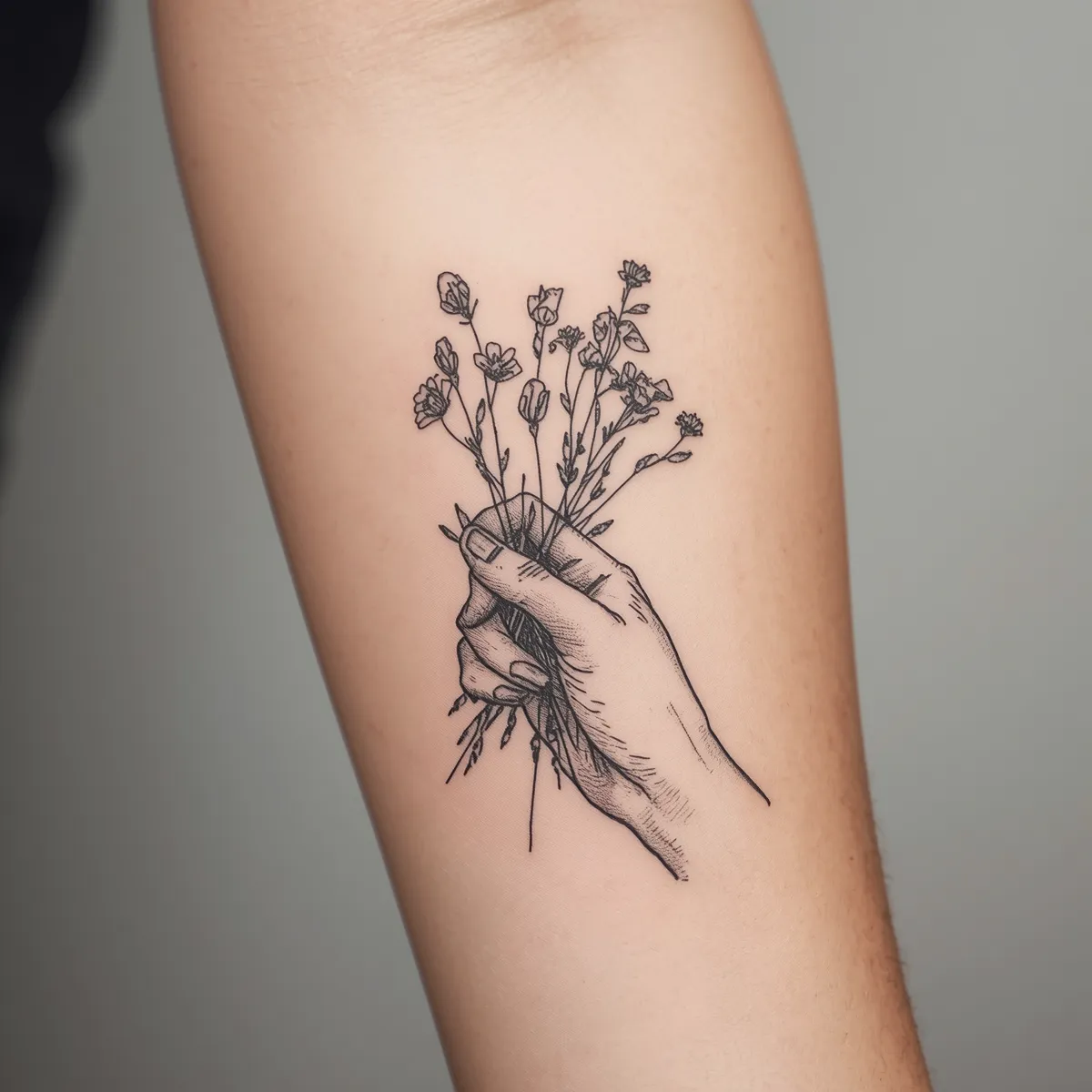 Illustration of a hand holding a bouquet of wildflowers, detailed engraving-style linework.