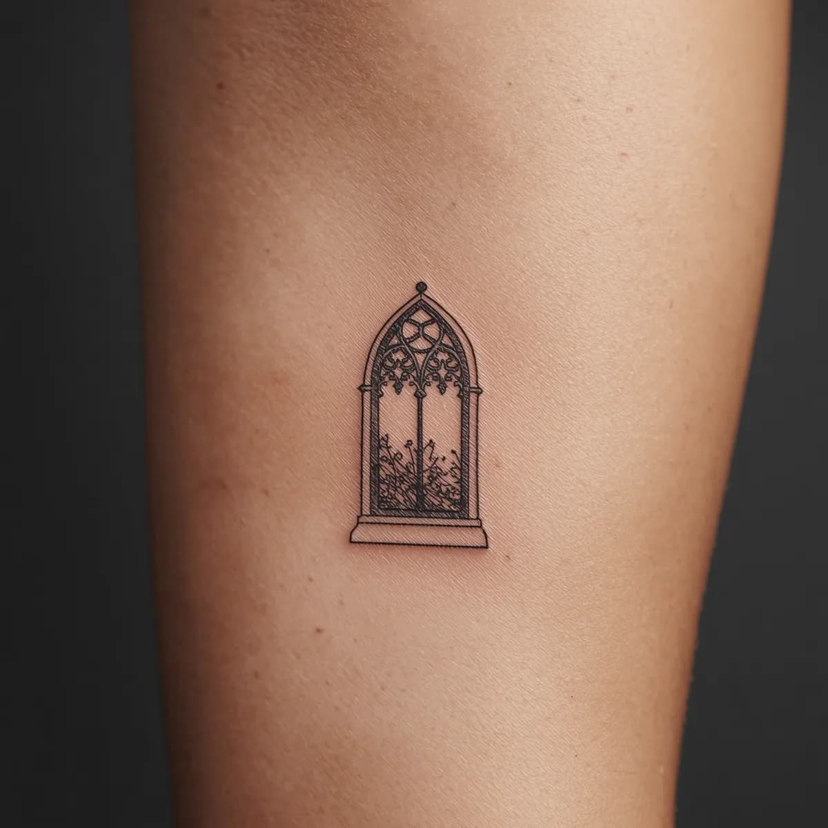 Small gothic window with intricate architectural detailing, fine line style.