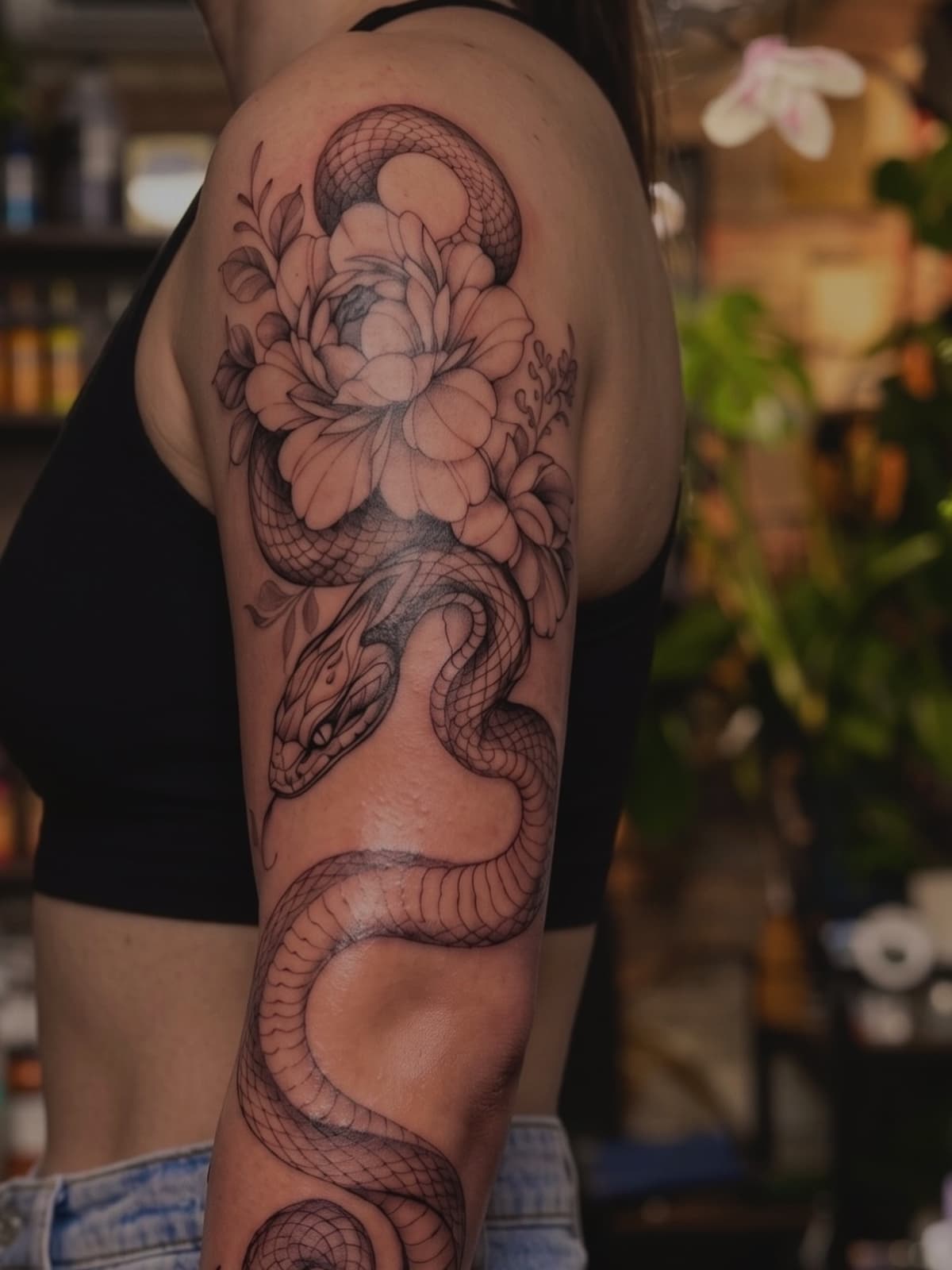 Petit serpent, petites fleurs. Tatouage Bras complet féminin.