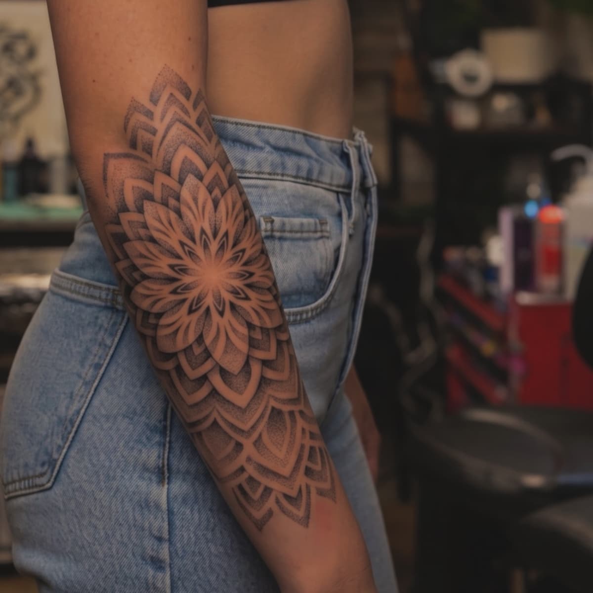 Dotwork & mandala. Détails et contrastes pour un avant bras féminin.