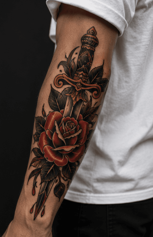 🌹 Rose & Dague — Néo-traditionnel