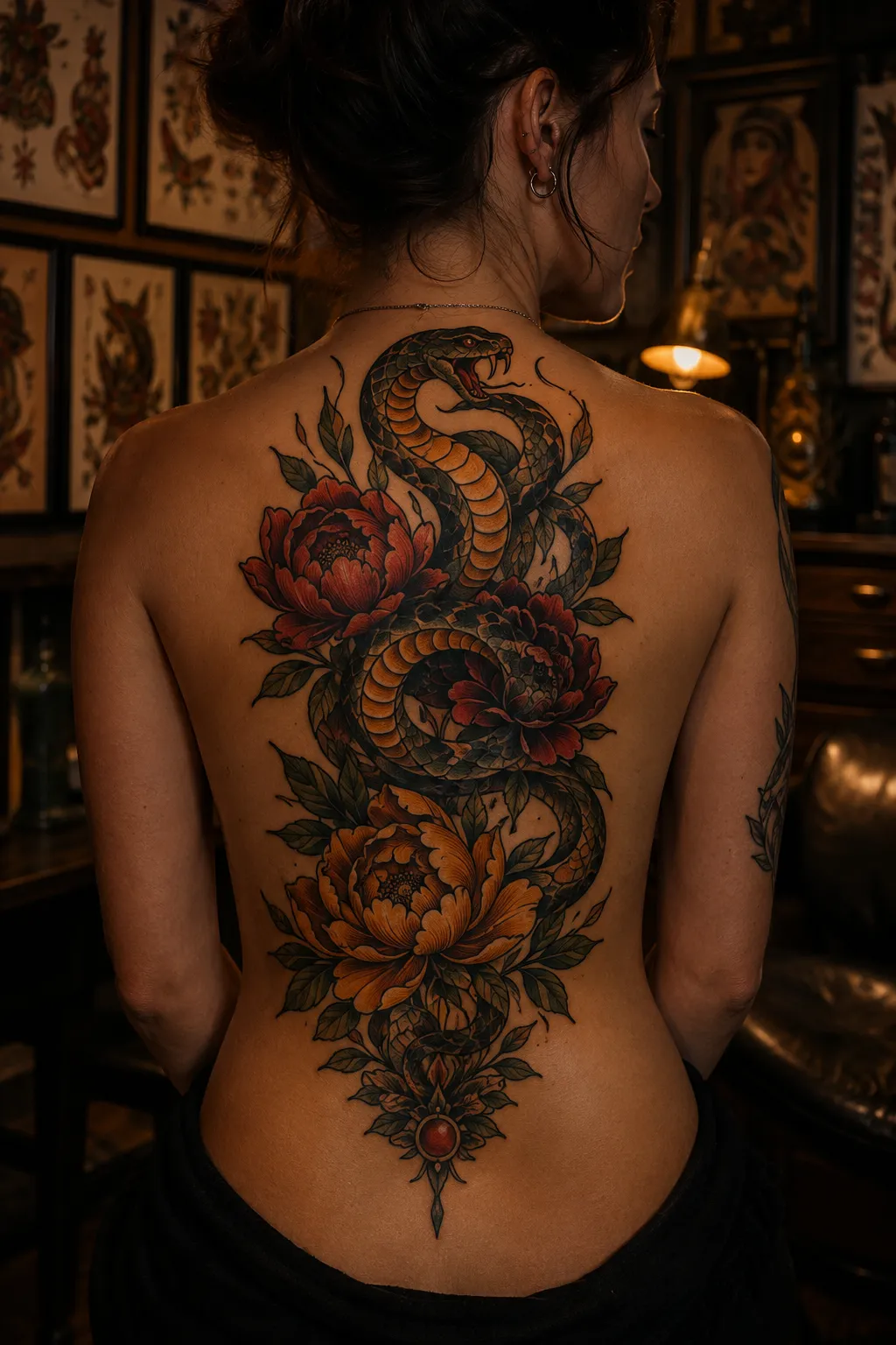 🐍🌸 Serpents & pivoines — une pièce néo-traditionnelle pensée comme une véritable composition dorsale.
